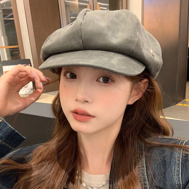 Octagonal hat with square and round face  large head circumference simple beret for women  autumn and winter face showing little painter's cloud hat
