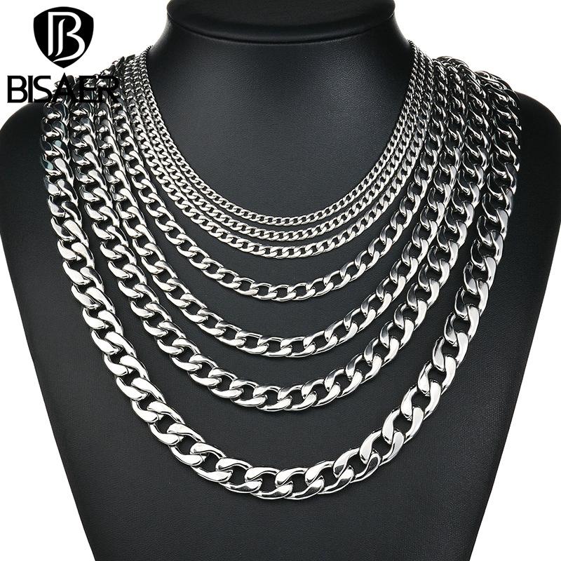 Bisaer Cuban Necklace for Men Women Titanium Punk Vintage Fashionable and Versatile Link Chain Necklace Silver Metal Jewelry