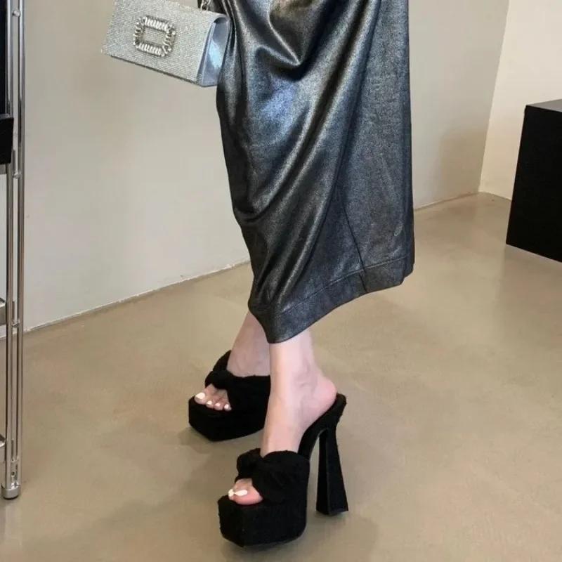 Butterfly-knot Open Toe Slippers Woman Chunky Platform Wedding Banquet Sandals Extreme High Heels Slide Shoes  De Mujer