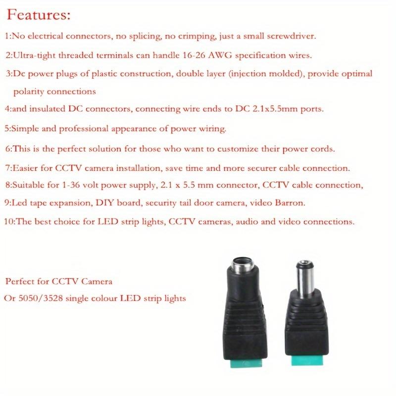 10/20pcs Male+Female 2.1x5.5mm DC Power Jack Plug Adapter Connector for CCTV Camera