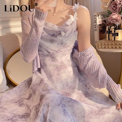 Summer New Slash Neck Sling Elegant Sleeveless Dress Women Butterfly Lovely Maxi Dress  Solid Color Screw Thread Cardigan