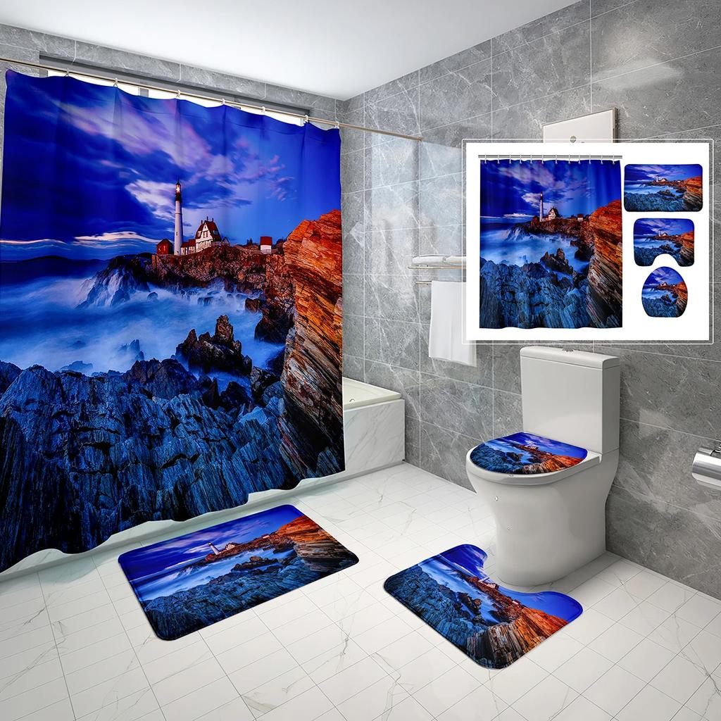4 Sets Lighthouse Shower Curtain Sets With Non-Slip Bath Mat,Toilet Lid Cover And Coast Seascape Sunrise Shower Curtain Sets