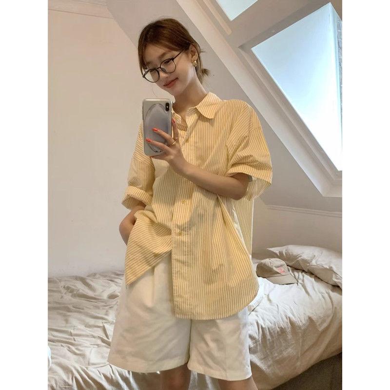 Polo Collar Vertical Stripe Short-sleeved Shirt Loose Slim Design Featuring Outerwear Top