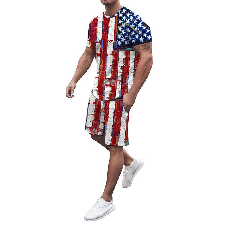 Pánské sady triček USA Americká vlajka 3D tisk Teplákové soupravy Trička Šortky 2 kusy Streetwear Pánské oversized obleky Sportovní oblečení