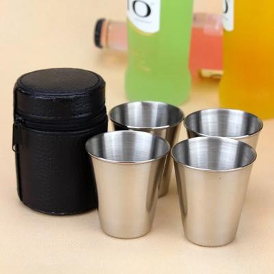 4 Pcs/Set Polido 30 Ml Mini Aço Inoxidável Copo de Vidro Shot Copos de Vinho Bebendo Com Capa de Couro Bolsa Para Casa Cozinha Bar