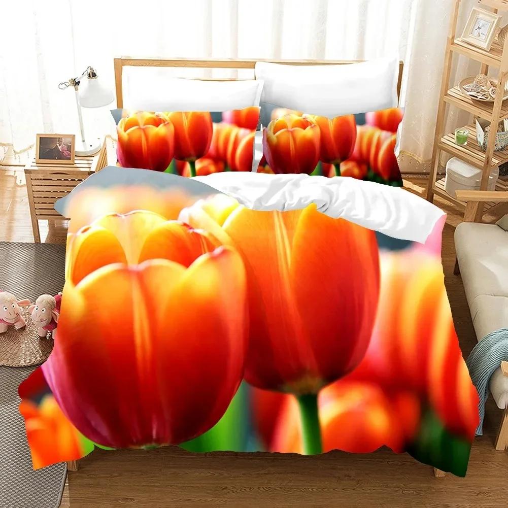 Fiori Tulipano Rosa Paesaggio Elegante Set Biancheria da Letto Singolo Gemello Matrimoniale Queen King Cal King Size Letto Set in Lino