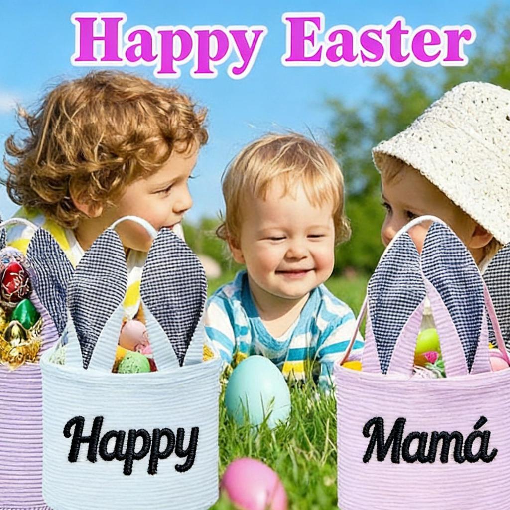 Personalized Easter Basket with Embroidered Rabbit Ears - Plaid Bubble Gauze Tote for Egg Decoration Storage