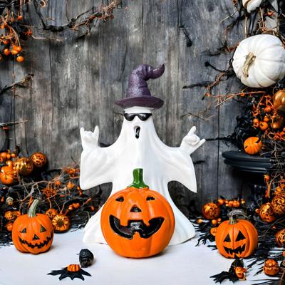 Halloween Ghost Pumpkin Statue Spooky Wizard Hat Sunglasses Ghost Resin Figurine Sculpture
