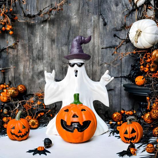 Halloween Geist Kürbis Statue Gruseliger Zauberhut Sonnenbrille Geist Harz Figur Skulptur Feiertagsparty Heim Desktop Dekoration Ornament