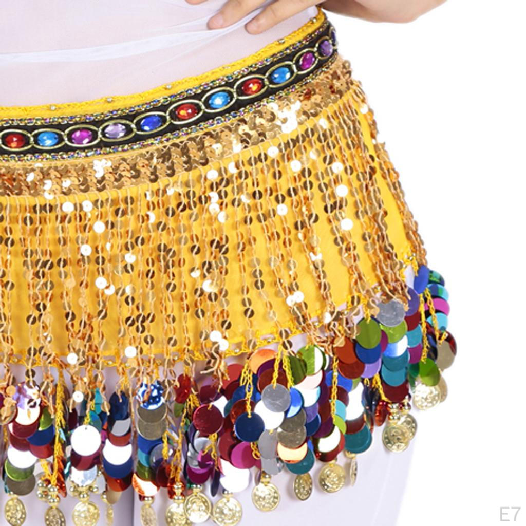 Chiffon Dangling Gold Coins Belly Dance Hip Scarf with Sequins Rhinestones Decoration,Dance Skirt