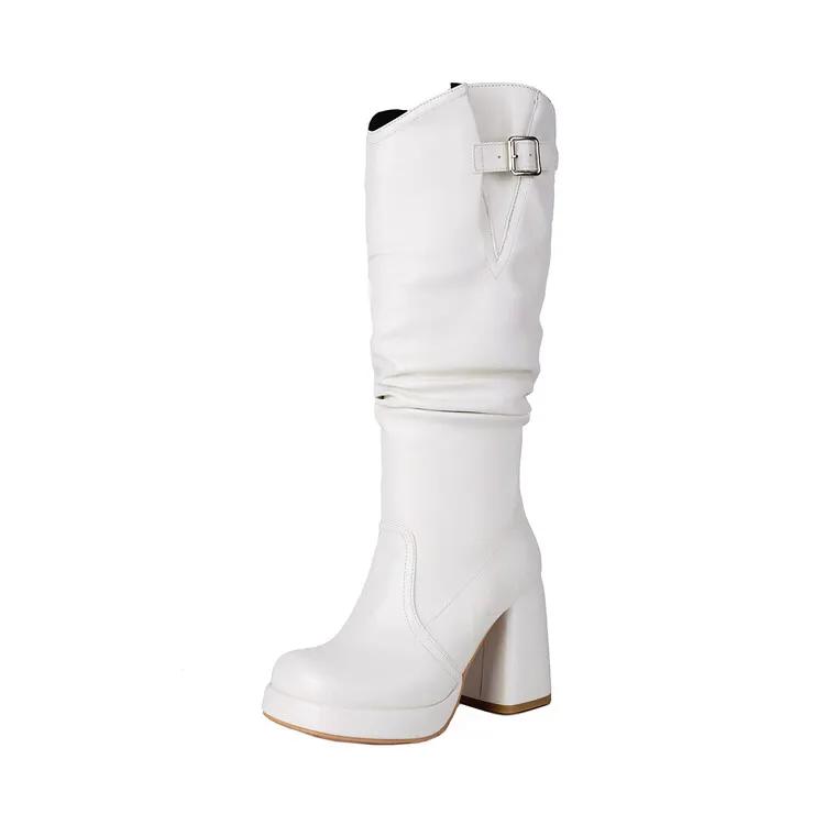 Fashion New Solid Color Pleated Laziness Style Black White Knee High Boots Women Sexy 9.5cm High Heels Fashion Show Long Boots Size34-46
