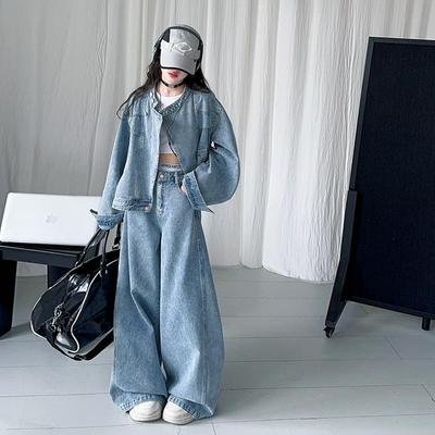 Completo Due Pezzi in Denim per Ragazze: Pantaloni a Gamba Larga e Top Eleganti per la Primavera/Autunno 2025.