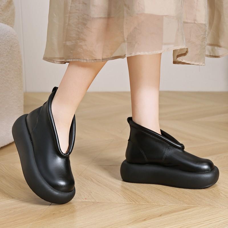 2025 Autumn Women's Fashion Boots Round Toe Platform Sole One Kick Short Boots Retro National Style High Bang Ankle-length Boots