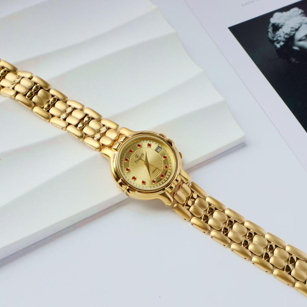 Vintage Style Gold Plated Women's Watch Red Rhinestone Dial Analog Quartz Dress Wristwatch