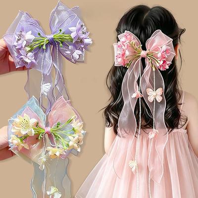Princess Style Tassel Ribbon Flower Hair Clip for Girls