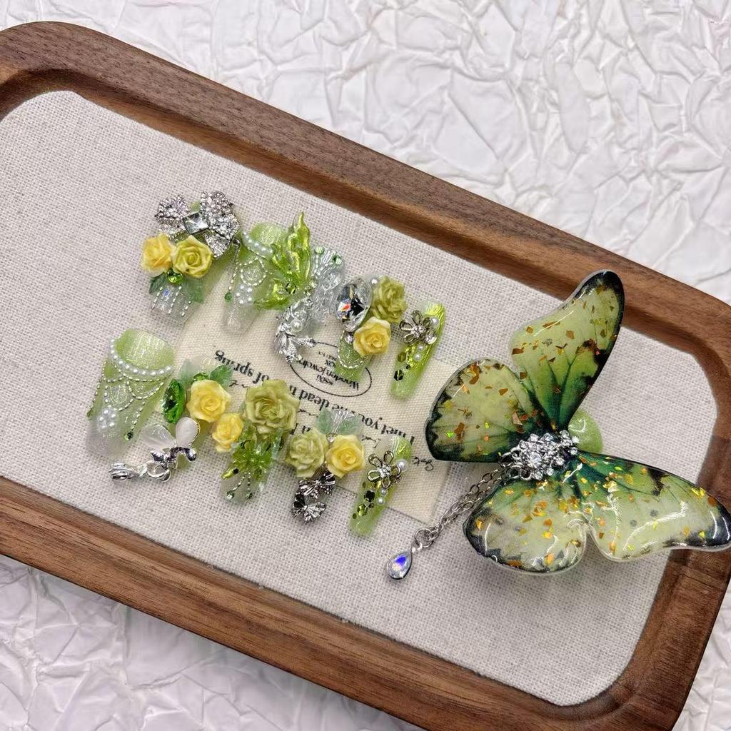 11-Finger Green Butterfly Fairy-Inspired Medium-Long Handmade Summer Nails