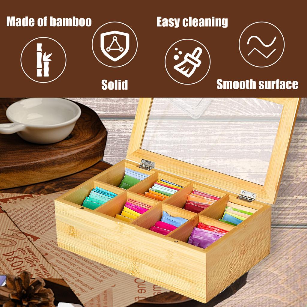 Tea Bag Organizer with Acrylic lid and Compartments Multipurpose Tea Bag Holder Keeping Tidy Bamboo Storage Organizer for Home