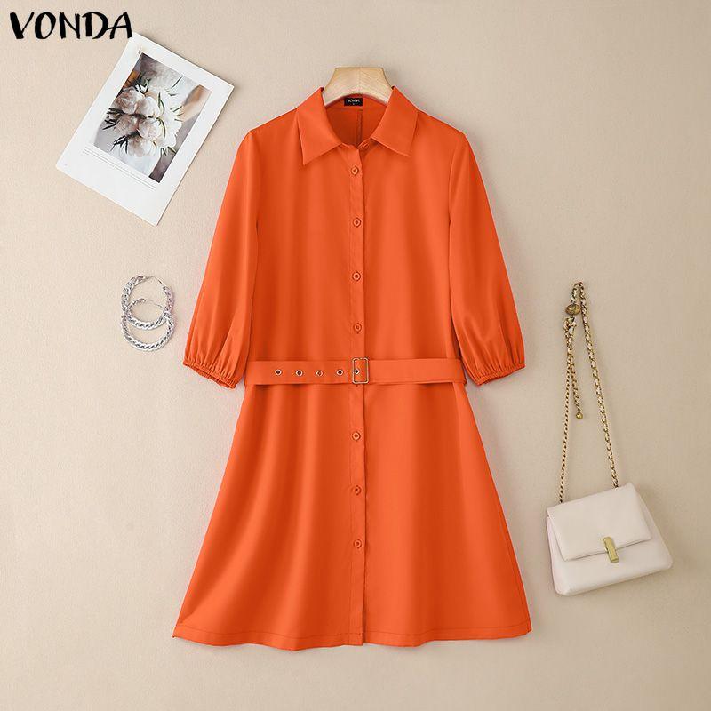 VONDA Women Casual Lapel Neck 3/4 Sleeve Slim Waist Pleated Mini Dress