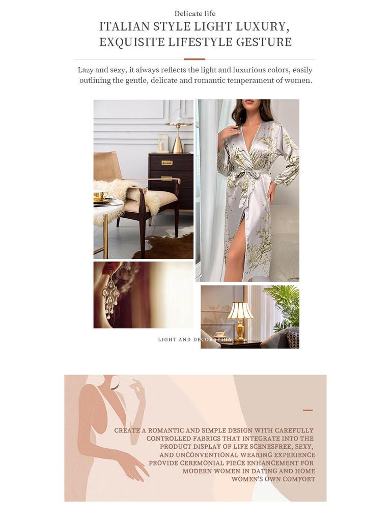 Cherry Print Ice Silk Bathrobe for Women - Summer Breathable, Stylish, Long Sleeve Tie-Up Pajamas