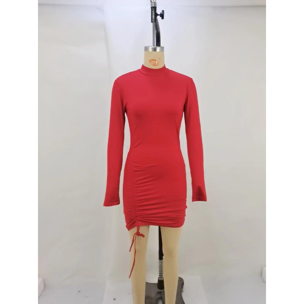 Spring Autumn High-neck Purple Long-sleeved Pleated Lace-up Dress