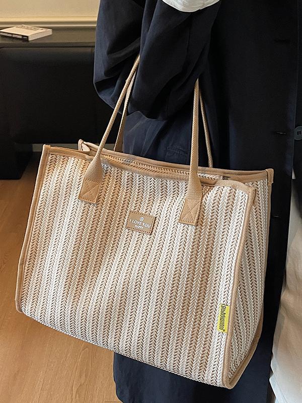 Borsa a Tote Grande in Tela Estiva 2025 da Donna - Borsa a Spalla Casual a Strisce per Studenti e Pendolari