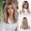 LOUIS FERRE Brown Base Blonde Highlights Medium Straight Layered Wig With Bangs Synthetic Hair Heat Resistant Women Daily Party