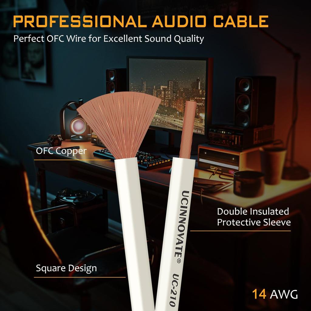 UCINNOVATE White Speaker Wire with Banana 3m OFC HiFi Speaker 14AWG Audio Cable with Banana Speaker Terminal for Amplifier Plugs, / 9.8ft Cable,