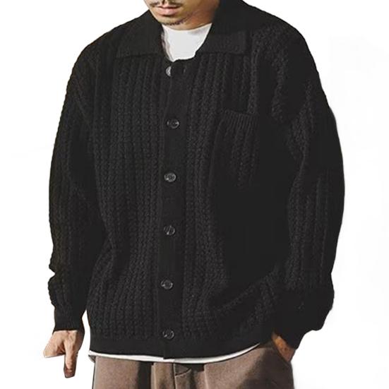 

Осень-зима мужской свитер с отложным воротником, однобортный, плотный трикотаж с нагрудным карманом, длинные рукава, однотонный эластичный свитер, пальто M чёрный