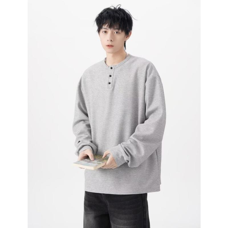 Spring Autumn Solid Color Round Neck Buttons T-shirt Male Long Sleeve Casual Fashion Tee Bottomed Top Men