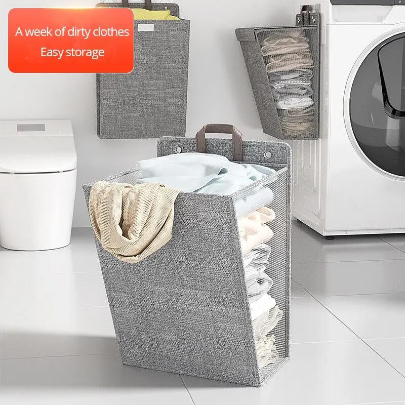 1pc Foldable Adhesive Laundry Basket HamperMultifunctional Punch Free Wall Hanging Washing Clothes Mesh Hook Organizer