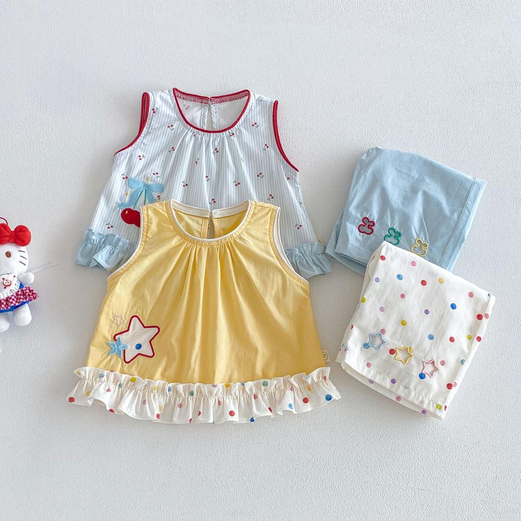 Girls Cherry Star Patch Vest And Polka Dot Pants Set Cute Baby Summer Casual Two Piece Outfit For Kids