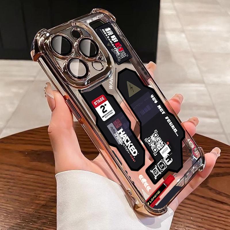 

Mecha-Style Graffiti Electroplated Airbag Phone Case For iPhone 16 Pro Max 15 Plus 14 13 12 11 17 Air 16E Clear Silicone Cover iPhone17 Pro