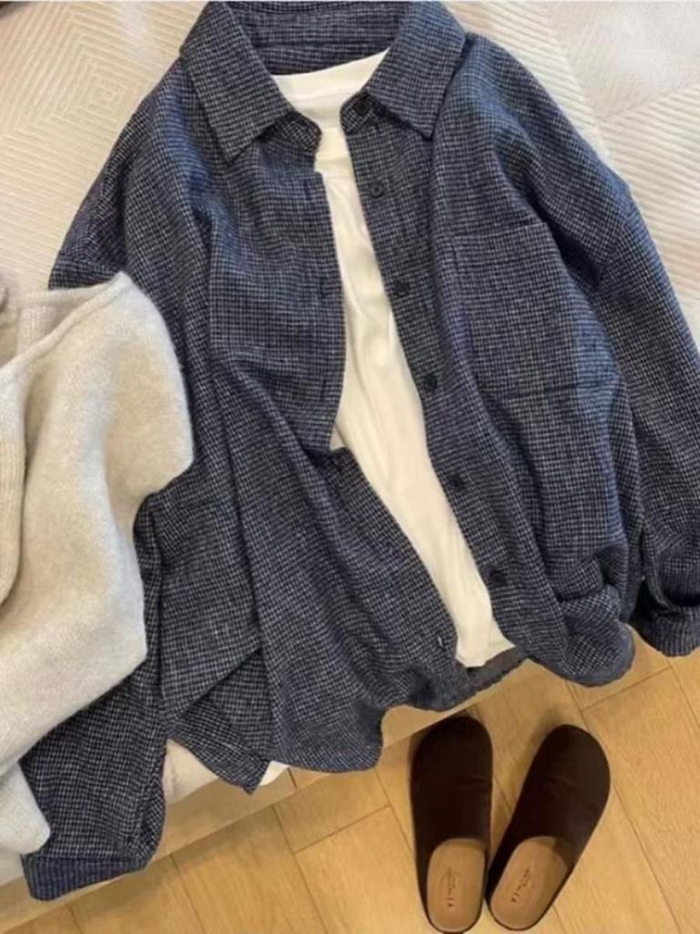 Women's Korean Blue Plaid Brushed Shirt - Loose Fit for Spring, Autumn, and Winter
