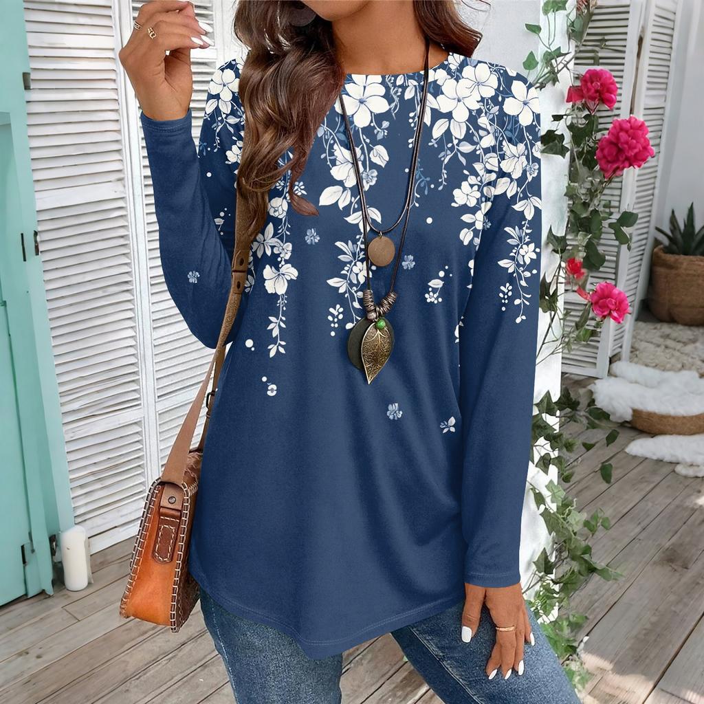 Women's Casual Plus SizeLong Sleeved Round Neck Vintage Ethnic Printing T-shirt Top Pullover