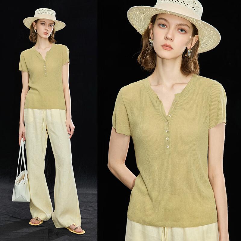 Wudao Women s French Style Half-Button Knit T-Shirt with Tencel & Linen XL