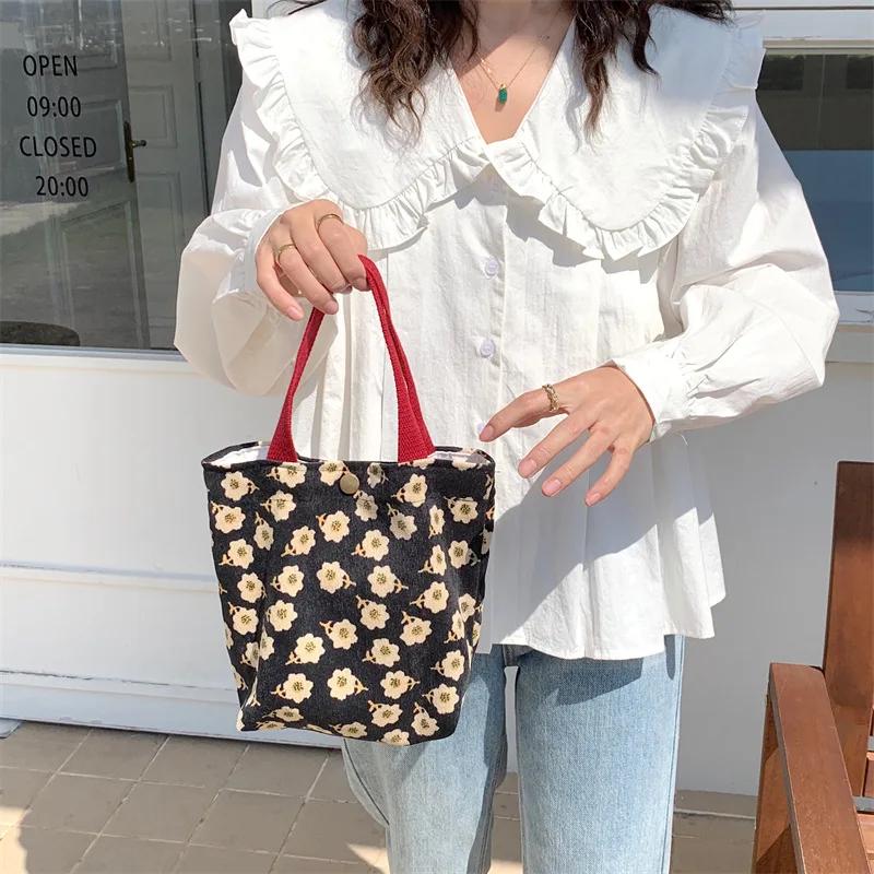 

Casual Women Portable Lunch Bento Bag Retro Flower Ladies Small Handbags Thin Corduroy Female Shopper Clutch Purse Shoulder Bags