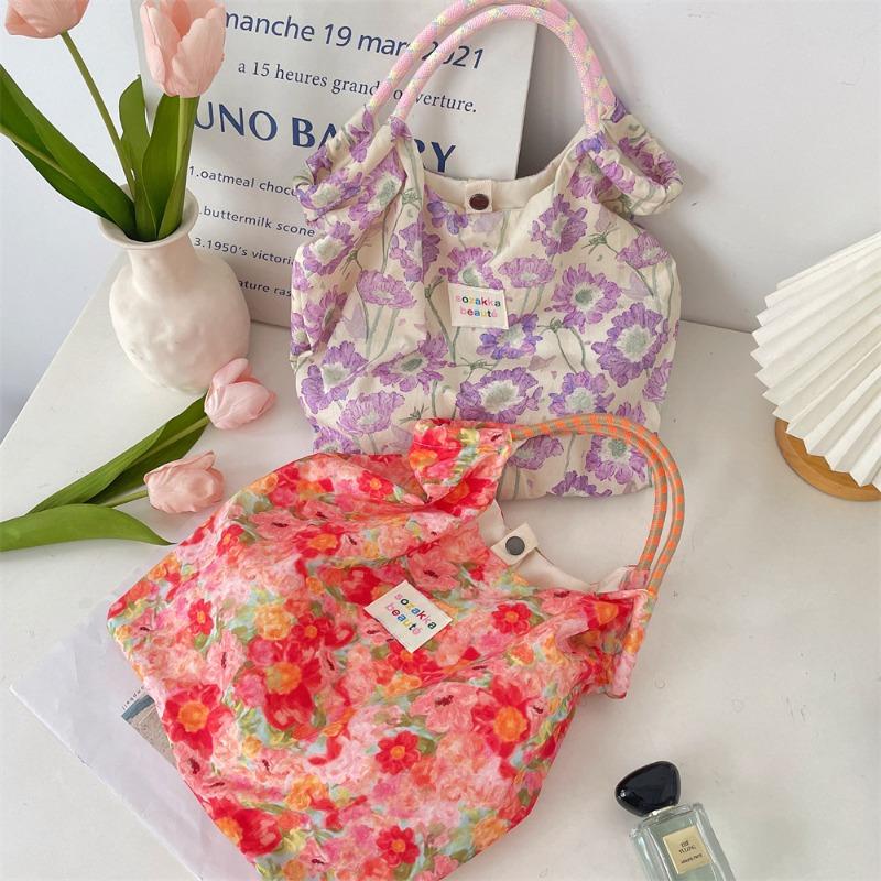 Pastoral Floral Lazy Wind Handbag Shoulder Bag Student Class Tote Bag Large Capacity Handbag