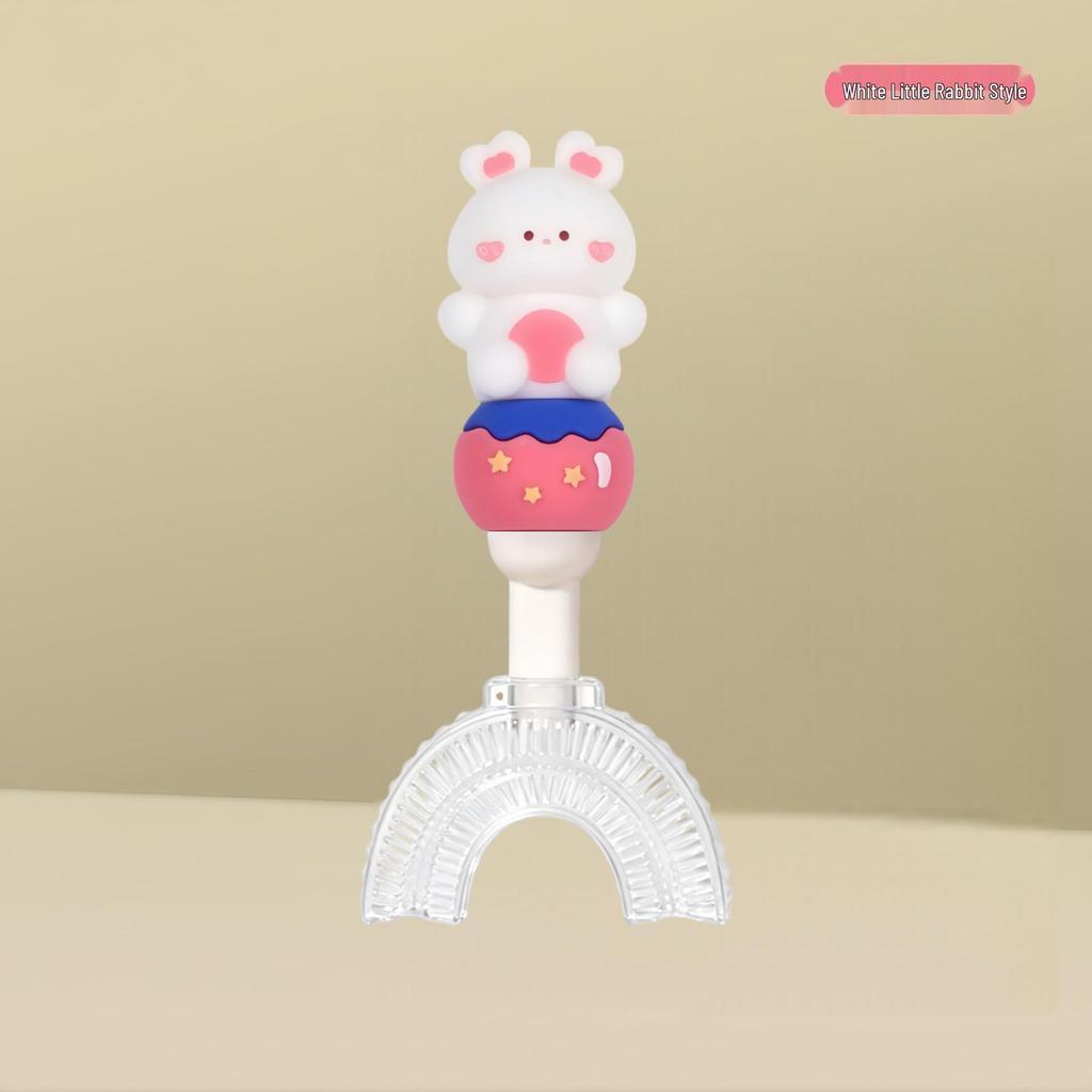 Children's U-Shaped Toothbrush with Soft Bristles, Silicone Brush Head, and Cartoon Handle for Ages 1-12.