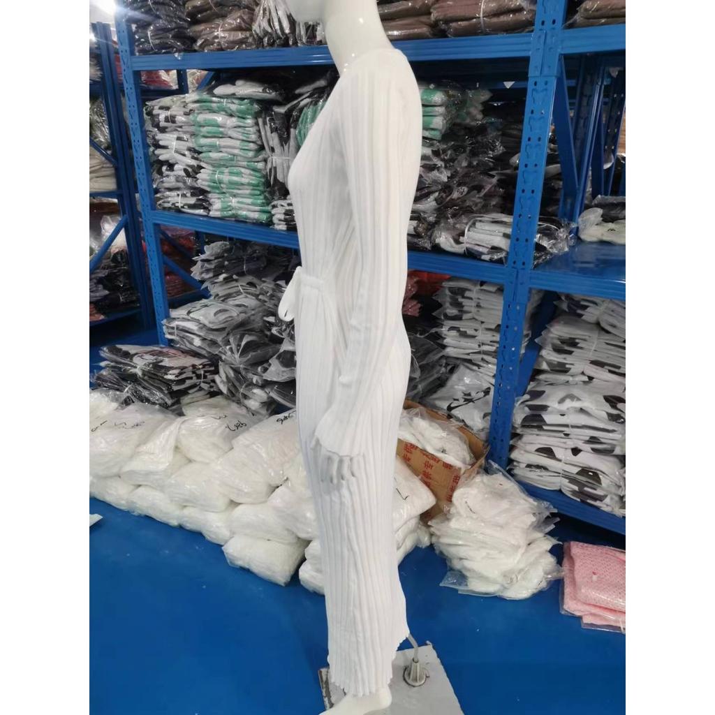 Knitted, Dress, Casual, Waist Cinching, V-neck, Striped, Knitted Long Skirt, Women's