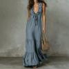 Sleeveless V Neck Maxi Dress for Women Cotton Linen Blend Loose Fit Flared Hem Summer Casual Long Dress with Tie Front Detail