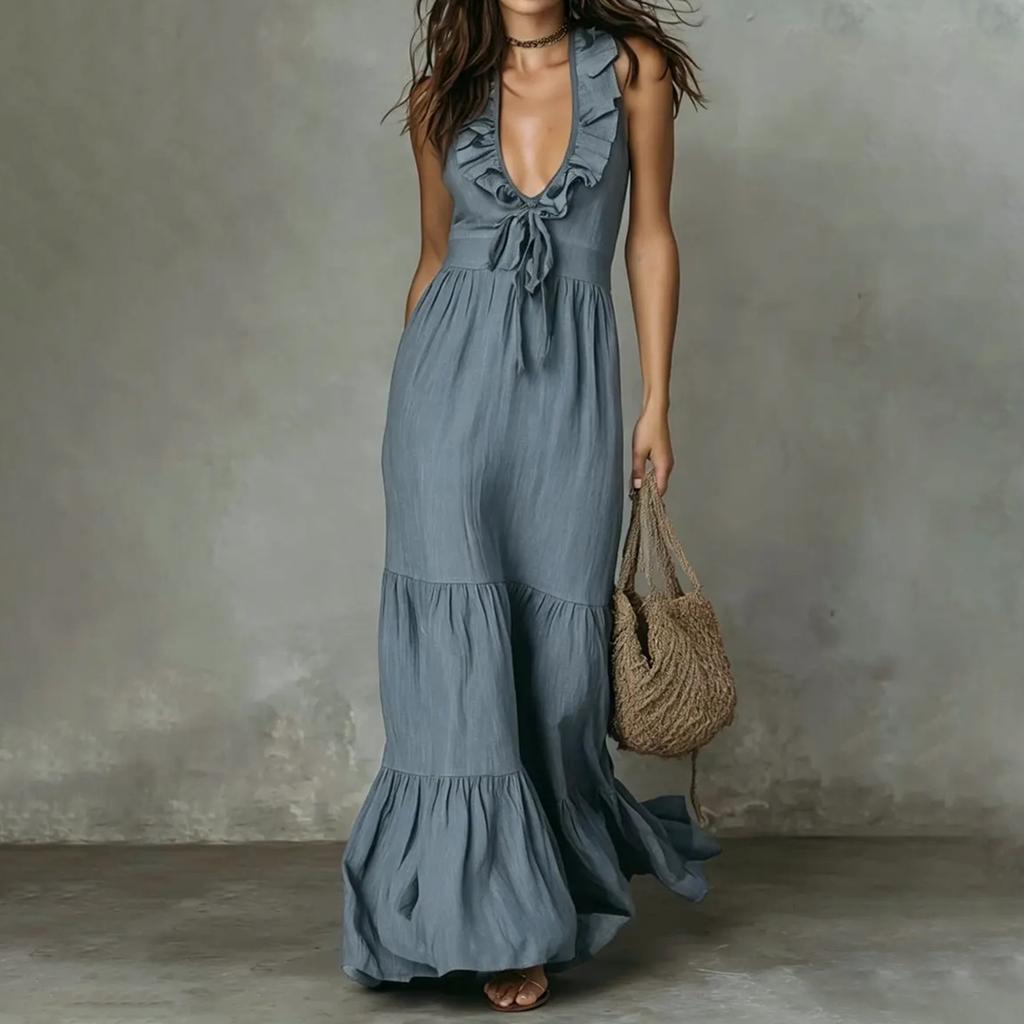 Sleeveless V Neck Maxi Dress for Women Cotton Linen Blend Loose Fit Flared Hem Summer Casual Long Dress with Tie Front Detail
