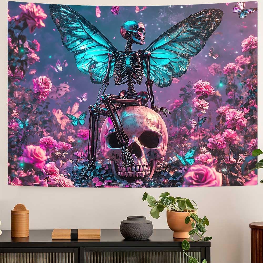 

Skull TapestryPink Flowers Blue Butterfly Tapestries Skeleton Art Abstract Aesthetics Wall Hanging Decor for Bedroom Living 74x94cm(29x37in)