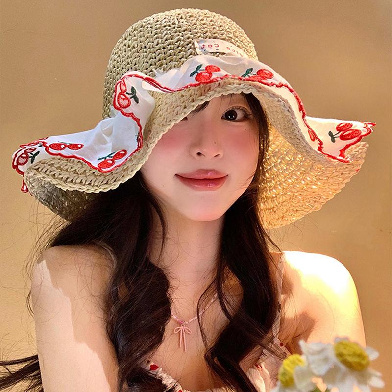 Sweet Cute Cherry Lace Edge Straw Hat For Women Summer Hollow Seaside Beach Vacation Big Brim Sunshade Cap Sun Cap