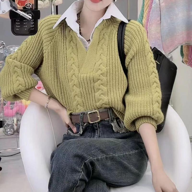 Retro svetr Dámský falešný dvoudílný polo límec s límcem Knitted Twist Top