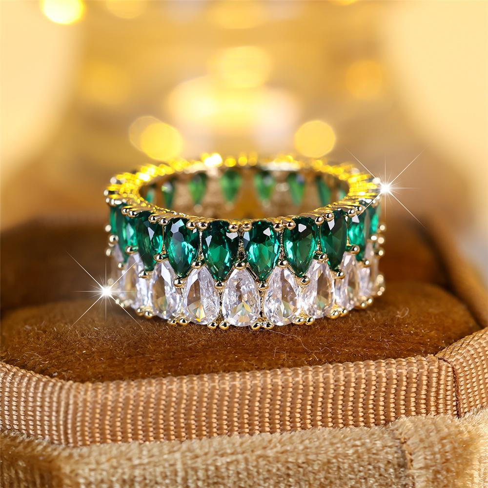 Luxury Female Crystal Blue Purple White Zircon Stone Water Drop Engagement Ring Vintage Gold Color Wedding Jewelry For Women
