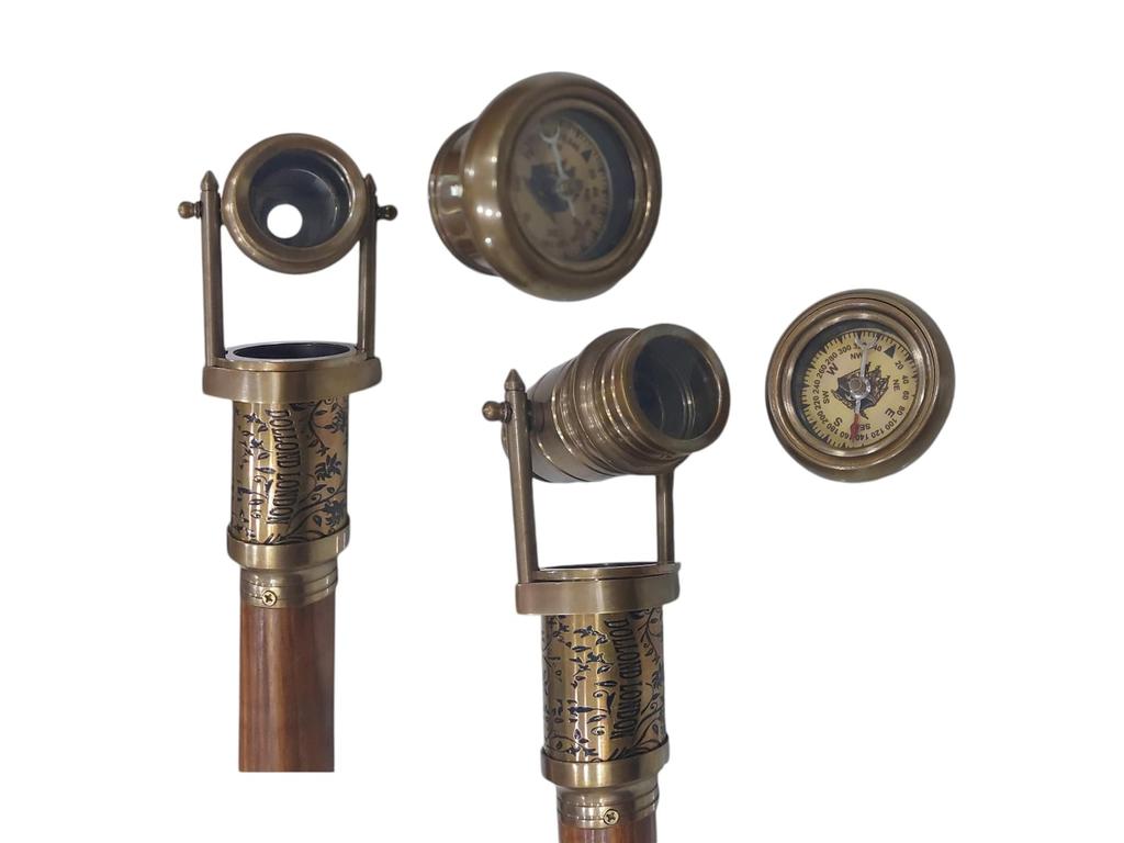 Compass Walking Cane with Brass Telescope Handle Vintage Foldable Wooden Steampunk Victorian Stick