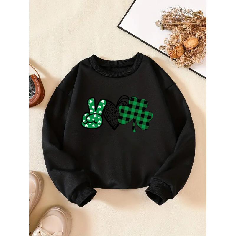 Kids Sweatshirt St. Patrick s Day Crew Neck Sweatshirt - Casual & Sporty with Creative Letter Design, Perfect for Casual Attire, Parties 110 чёрный