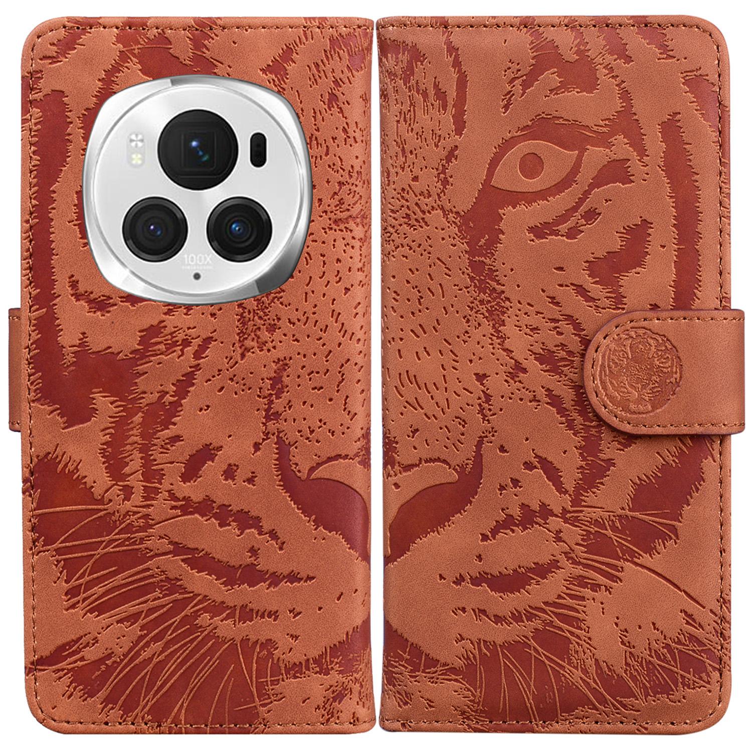 

For Honor Magic6 Pro 5G Case Tiger Imprint PU Leather Flip Phone Cover Brown