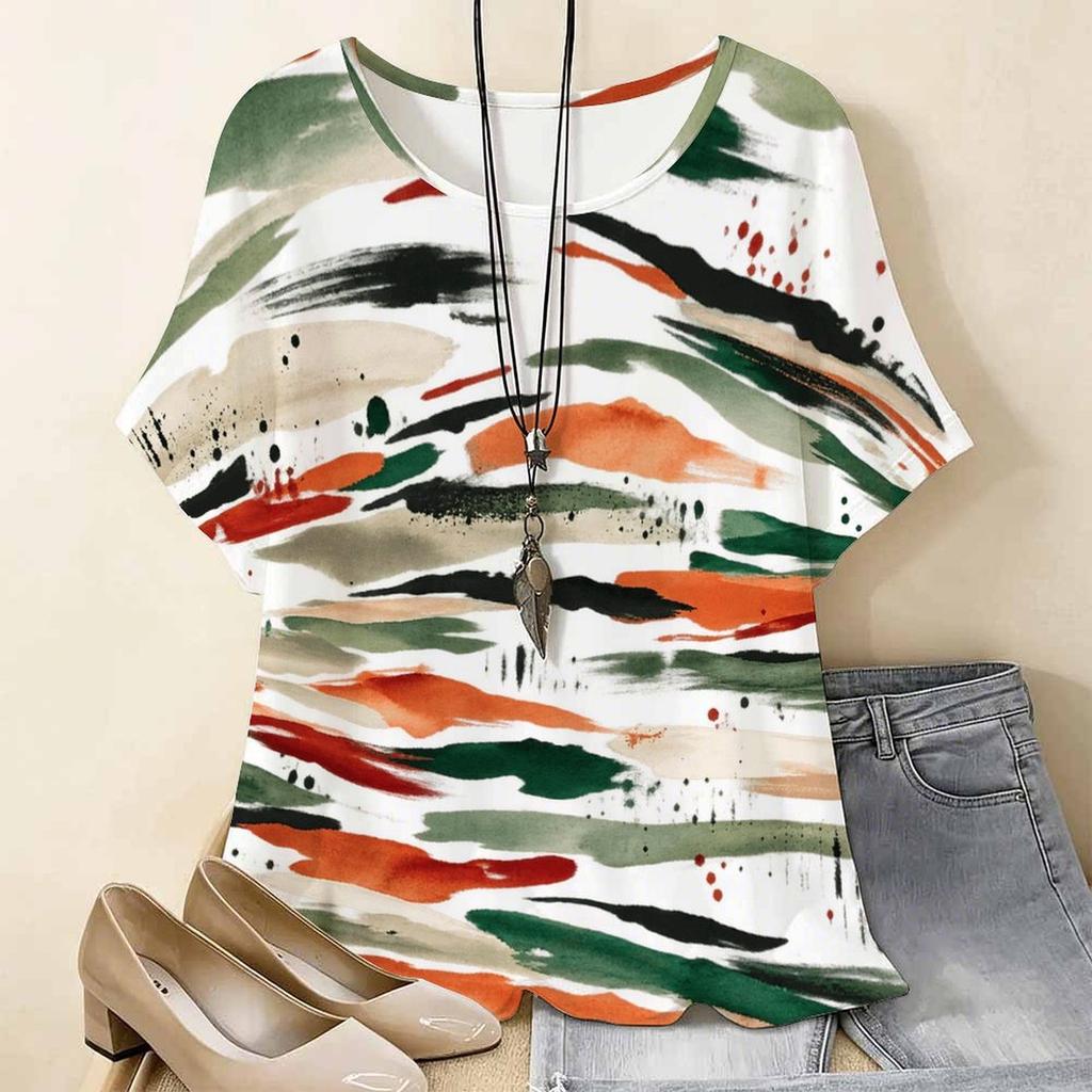 Women Plus Size Round Neck Batwing Short Sleeve Geometric Printed Loose White T Shirt