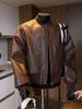 Men's Brown Leather Pilot Jacket - Spring/Autumn, Boxy Fit, American Style Baseball Design
